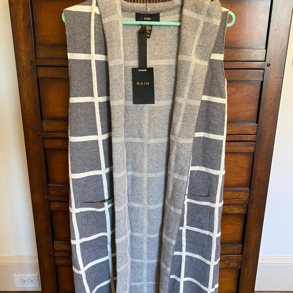 Rain gray plaid cardigan vest long